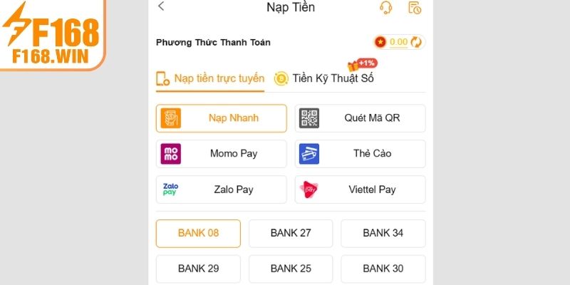Nạp tiền F168 theo ngân hàng nội địa