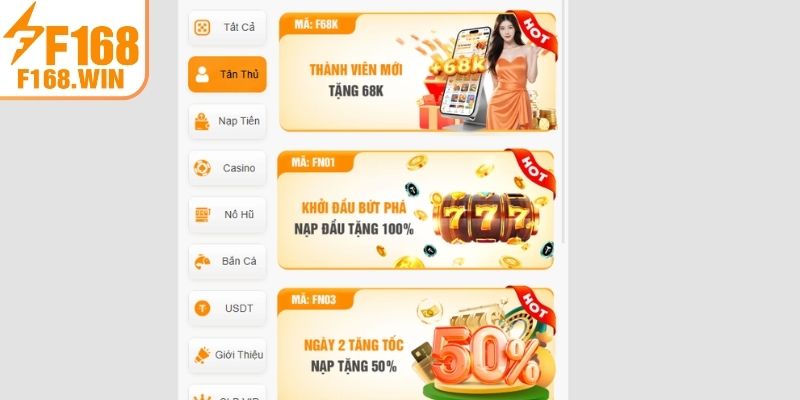 Sự kiện ưu đãi F168 nạp lại với tỷ lệ thưởng cạnh tranh